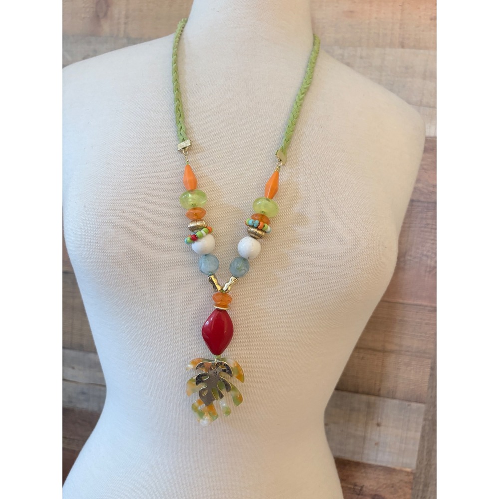 1928 Jewelry Tropical Monstera Leaf Statement Necklace Green Braided Cord Beaded